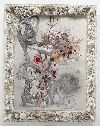 RANDY WRAY
Still Rantings I
2005
Pencil, acrylic, polymer clay, macramé, quartz crystals, sewn paper  in artist's frame of wood, shells, crystals, geodes, wire, epoxy resin, enamel
26 1/2 x 20 1/2 inches
Unique