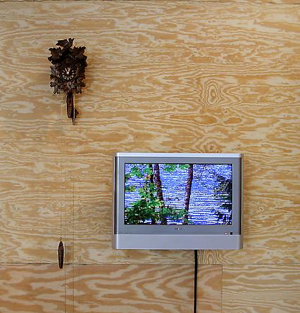 Somewhere
2005
20-inch flatscreen tv/dvd combo, cuckoo clock, cable, with or without plywood
Installation dimensions variable