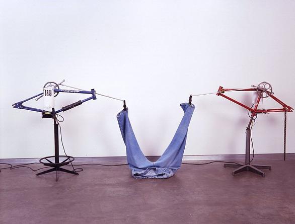 Twin Brothers, 2005
Bicycle parts, mechanical parts, jeans
42 x 21 x 118 inches