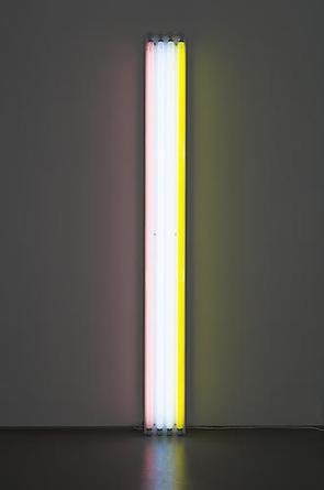 DAN FLAVIN
Untitled (To Mr. & Mrs. Thomas Inch)
1964
Four 8-foot fluorescent lights (from left to right: pink, daylight, cool white, yellow), with fixtures
96 x 10 ½ x 5 in
Edition 3/3
Fabricated 3