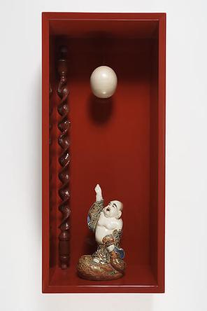 Japanesey Moment
2008
Wood, lacquer, glazed ceramic figure, hand carved wood, nylon thread
29 1/2 x 13 x 9 in