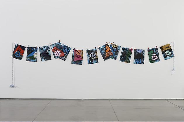 Corrosions of Conformity
2008
Acrylic and mixed media on paper, nylon rope, plastic clothespins
188 x 55 x 1 in