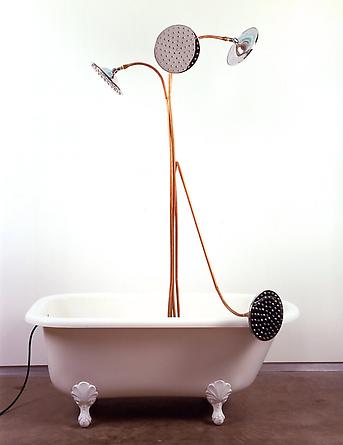 Dirge
2005
Acrylic clawfoot tub, copper pipes, 4 10-inch sunflower showerheads,
water pump, stone, water
86 x 60 x 30 inches