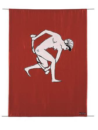 NANCY SPERO
Dancer
2006
Screenprinted banner (two silk panels with cotton lining, sewn together), printed on both sides, two 36" stainless steel rods 3/16" diameter, digitally embroidered signature/number of edition on label, stitched verso
42 x 32 inches
Edition of 20