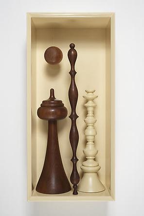 Still Life With Prussian Acrobatics
2005
Wood, lacquer, nylon thread
29 1/2 x 13 3/4 x 8 1/2 in
