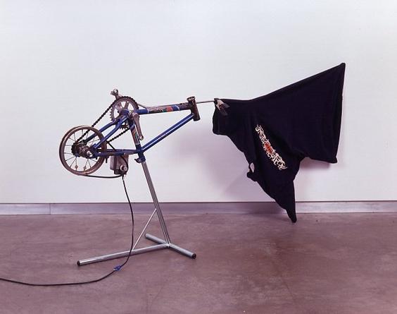 Mini Bike, 2005
Bicycle parts, mechanical parts, transformer, motion sensor, shirt
40 x 16 x 65 inches