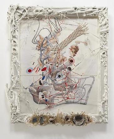 RANDY WRAY
Still Rantings II
2005
Pencil, acrylic, polymer clay, macramé, quartz crystals, sewn paper  in artist's frame of wood, shells, crystals, geodes, wire, epoxy resin, enamel
26 x 21 1/2 inches
Unique