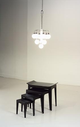 Modern Reproduction Series No. 1 (Reflections on another life), 2004
Italian sixties lamp, black lacquer tables, refrigeration unit
dimensions variable