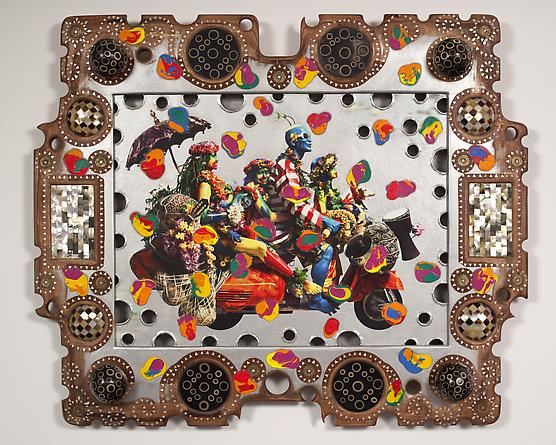 ASHLEY BICKERTON
Scooter, 2008
Oil & acrylic paint & digital print on canvas in carved wood artist's frame, inlaid with coconut, mother of pearl & coins
30 1/4 x 36 1/4 x 4 1/2 inches
Courtesy of the artist & Lehmann Maupin gallery, NY