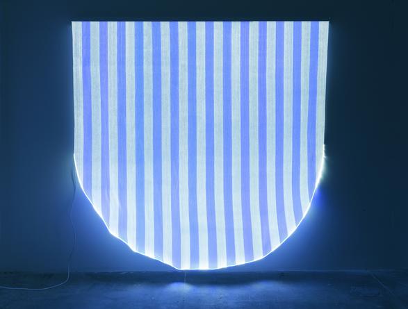 DANIEL BUREN
Optical Fiber, White and Blue Half Circle, Situated Work, 2012 
Fiberoptic fabric, electrical hardware
99 1/3 x 99 1/3 x 6 inches