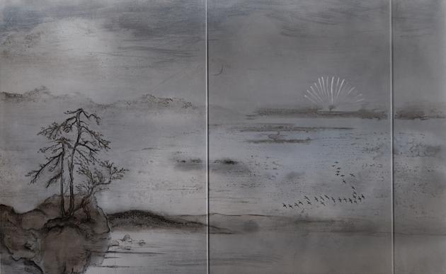 Blooming Flower, Descending Geese, 2017
Chinese ink and paint on acrylic glass
48 x 76 inches
SGI3379
