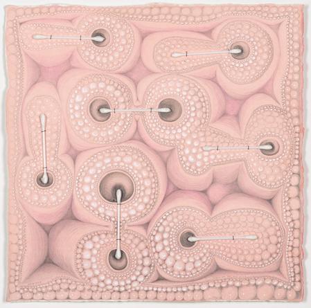 Sweet Care (1), 2014
Acrylic, colored pencil, ink, Q-Tips, thread & gouache on paper
12 3/4 x 12 3/4 inches
SGI3141