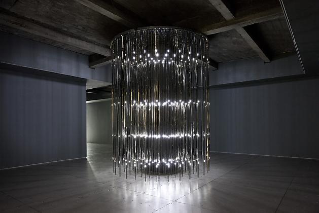 Cylinder, 2011
White LEDs, mirror finished stainless steel, custom software, electrical hardware
12 x 9 x 9 feet
Unique, site specific
