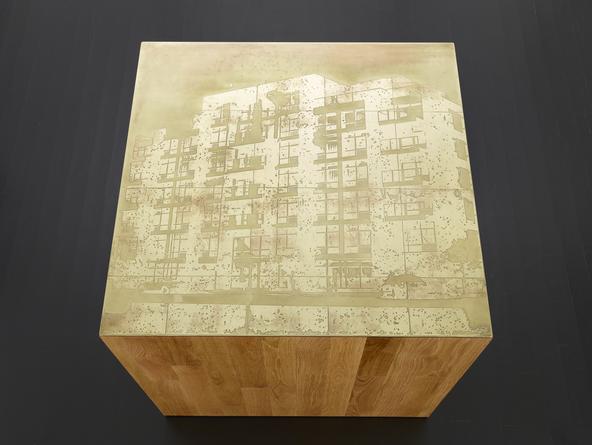 Building #1, 2014
Etched brass, oak plinth
32 x 36 x 36 inches
SGI2802