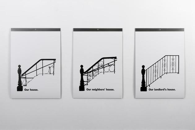 our house, our neighbor's house, our landlord's house, 2015
Relief print & letterpress on 80 lb smooth cover, steel clasps, in three parts
27 x 19 inches, each part
Edition of 3
SGI2996