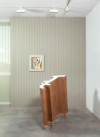 NOT Dead Yet, 2012
Paper mache, paint & wood, wallpaper (self-adhesive vinyl) & inkjet print in paper mache frame
Dimensions variable. Sculpture: 50 1/4 x 14 1/2 x 52 1/4 inches
GLG2421