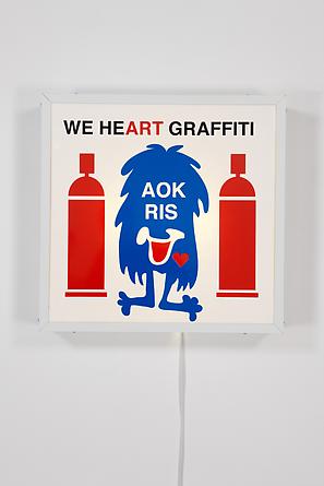 We Heart Graffiti, 2011
Vinyl, Plexiglas, wood, metal, light fixtures
25 x 25 3/4 x 5 1/2 inches
SGI2112