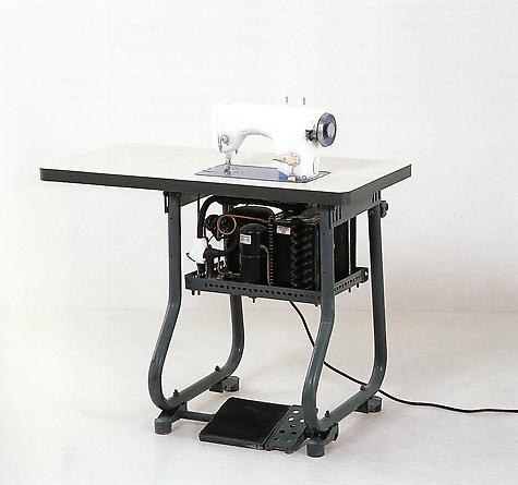 Blue and Cream (dream), 2001
Sewing machine, refrigeration unit, steel, wood, formica
41 1/4 x 41 1/4 x 20 inches
