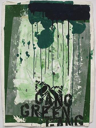 Gang Green Logo
2008
Acrylic and mixed media collage on paper
30 ½ x 22 ½ in