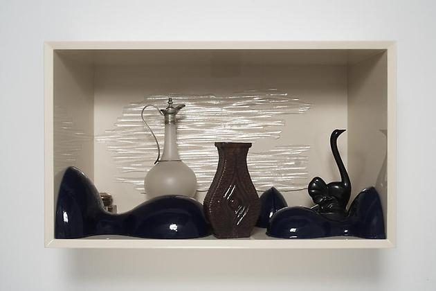Winter Moderns
2008
Wood, lacquer, French decanter, glass & bronze inkwell, silicone rubber, resin
18 1/2 x 31 1/2 x 13 3/4 in